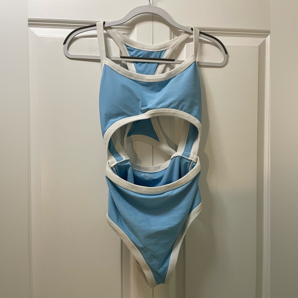 Aerie Women’s Medium One Piece Swimsuit with Cutout Style Openings, Blue White